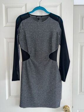 Express Black & Silver Long-Sleeve Mesh Cutout Bodycon Dress